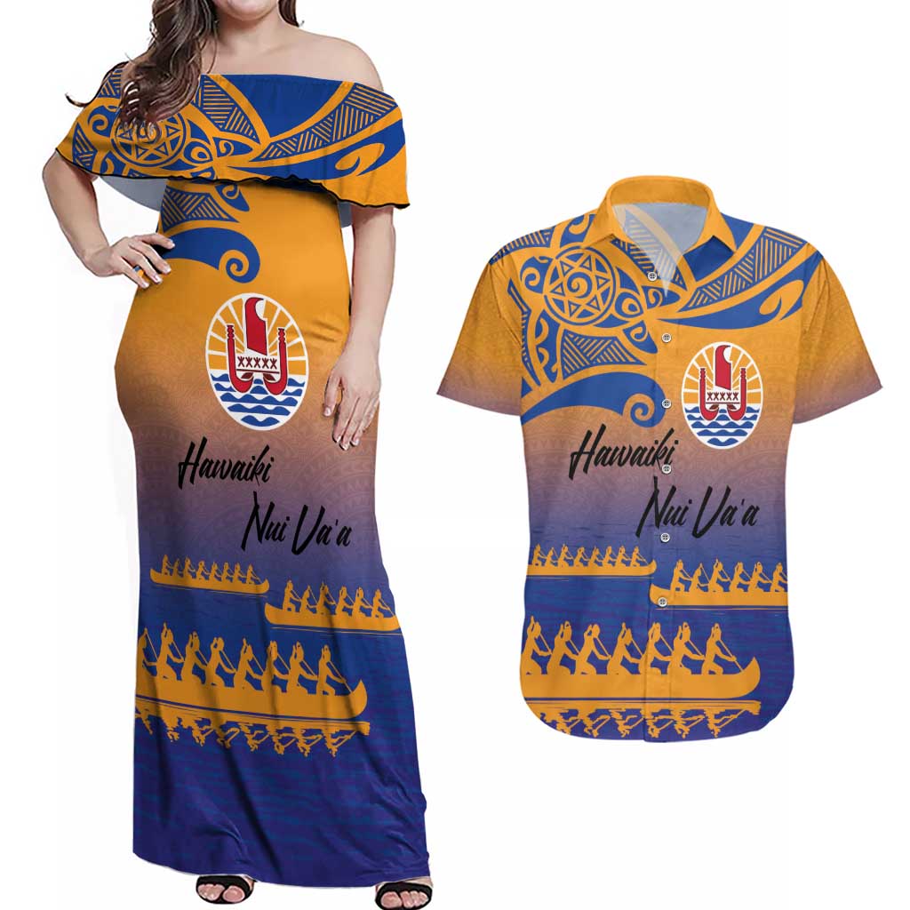 Personalised Hawaiki Nui Va'a French Polynesian Pattern Couples Matching Off Shoulder Maxi Dress and Hawaiian Shirt Sunset Color LT03 Yellow - Polynesian Pride