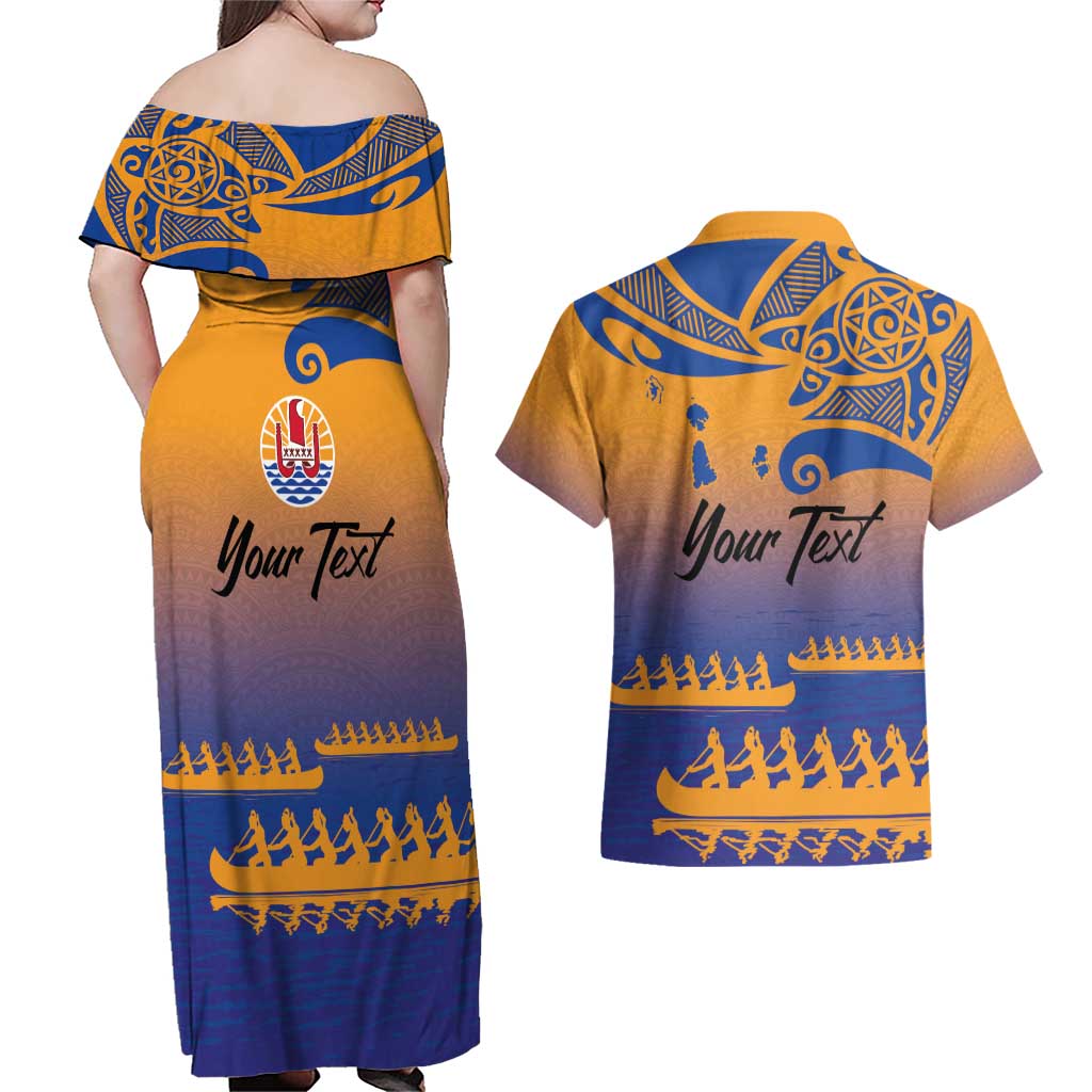Personalised Hawaiki Nui Va'a French Polynesian Pattern Couples Matching Off Shoulder Maxi Dress and Hawaiian Shirt Sunset Color LT03 - Polynesian Pride