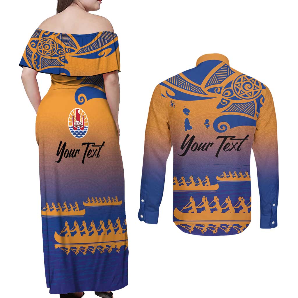 Personalised Hawaiki Nui Va'a French Polynesian Pattern Couples Matching Off Shoulder Maxi Dress and Long Sleeve Button Shirt Sunset Color LT03 - Polynesian Pride