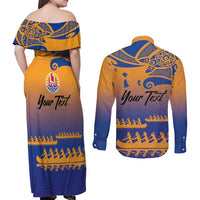 Personalised Hawaiki Nui Va'a French Polynesian Pattern Couples Matching Off Shoulder Maxi Dress and Long Sleeve Button Shirt Sunset Color LT03 - Polynesian Pride
