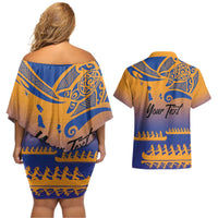Personalised Hawaiki Nui Va'a French Polynesian Pattern Couples Matching Off Shoulder Short Dress and Hawaiian Shirt Sunset Color LT03 - Polynesian Pride