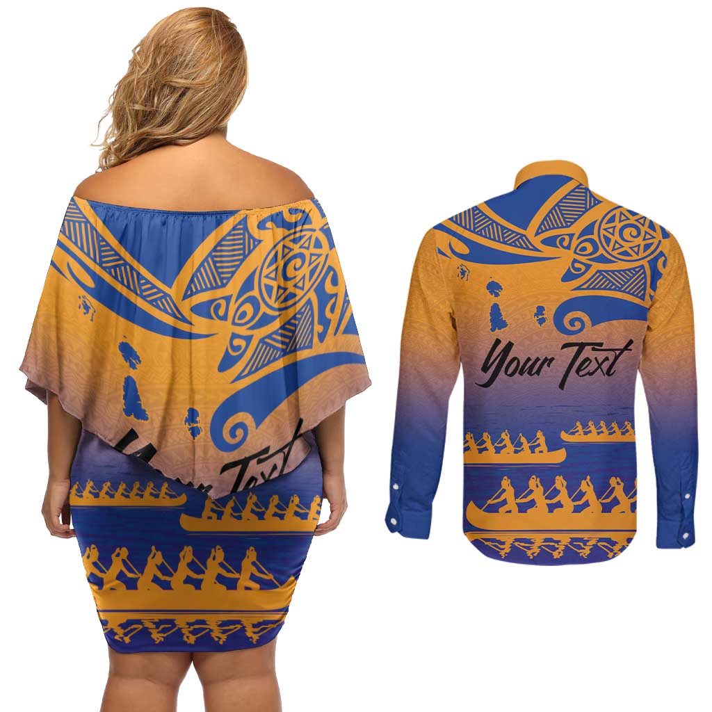 Personalised Hawaiki Nui Va'a French Polynesian Pattern Couples Matching Off Shoulder Short Dress and Long Sleeve Button Shirt Sunset Color LT03 - Polynesian Pride