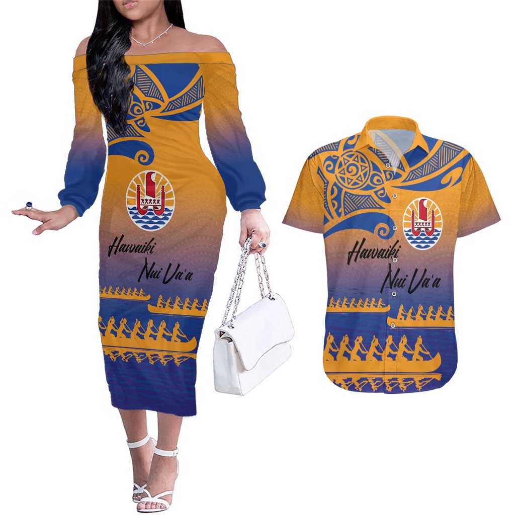 Personalised Hawaiki Nui Va'a French Polynesian Pattern Couples Matching Off The Shoulder Long Sleeve Dress and Hawaiian Shirt Sunset Color LT03 Yellow - Polynesian Pride