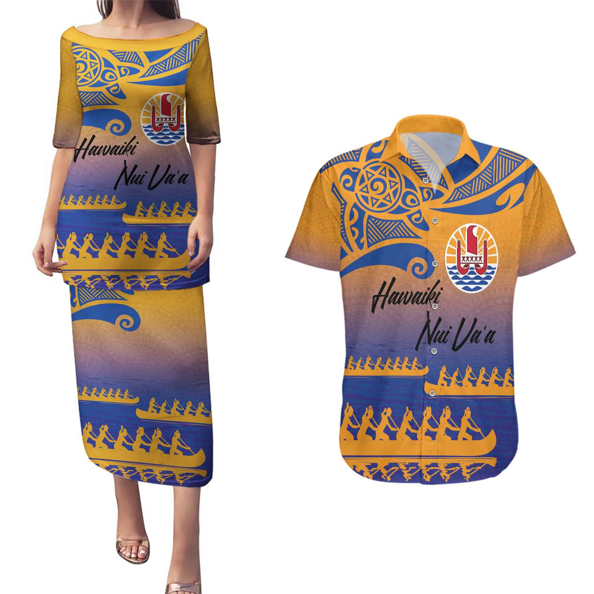 Personalised Hawaiki Nui Va'a French Polynesian Pattern Couples Matching Puletasi and Hawaiian Shirt Sunset Color LT03 Yellow - Polynesian Pride