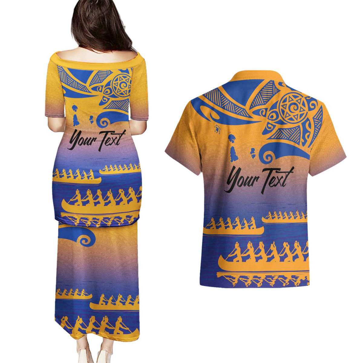 Personalised Hawaiki Nui Va'a French Polynesian Pattern Couples Matching Puletasi and Hawaiian Shirt Sunset Color LT03 - Polynesian Pride