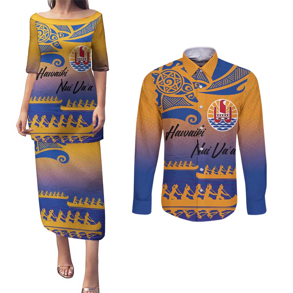 Personalised Hawaiki Nui Va'a French Polynesian Pattern Couples Matching Puletasi and Long Sleeve Button Shirt Sunset Color LT03 Yellow - Polynesian Pride