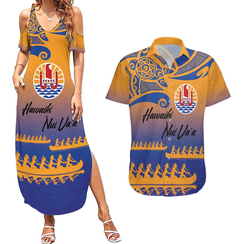 Personalised Hawaiki Nui Va'a French Polynesian Pattern Couples Matching Summer Maxi Dress and Hawaiian Shirt Sunset Color LT03 Yellow - Polynesian Pride