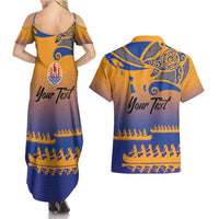 Personalised Hawaiki Nui Va'a French Polynesian Pattern Couples Matching Summer Maxi Dress and Hawaiian Shirt Sunset Color LT03 - Polynesian Pride