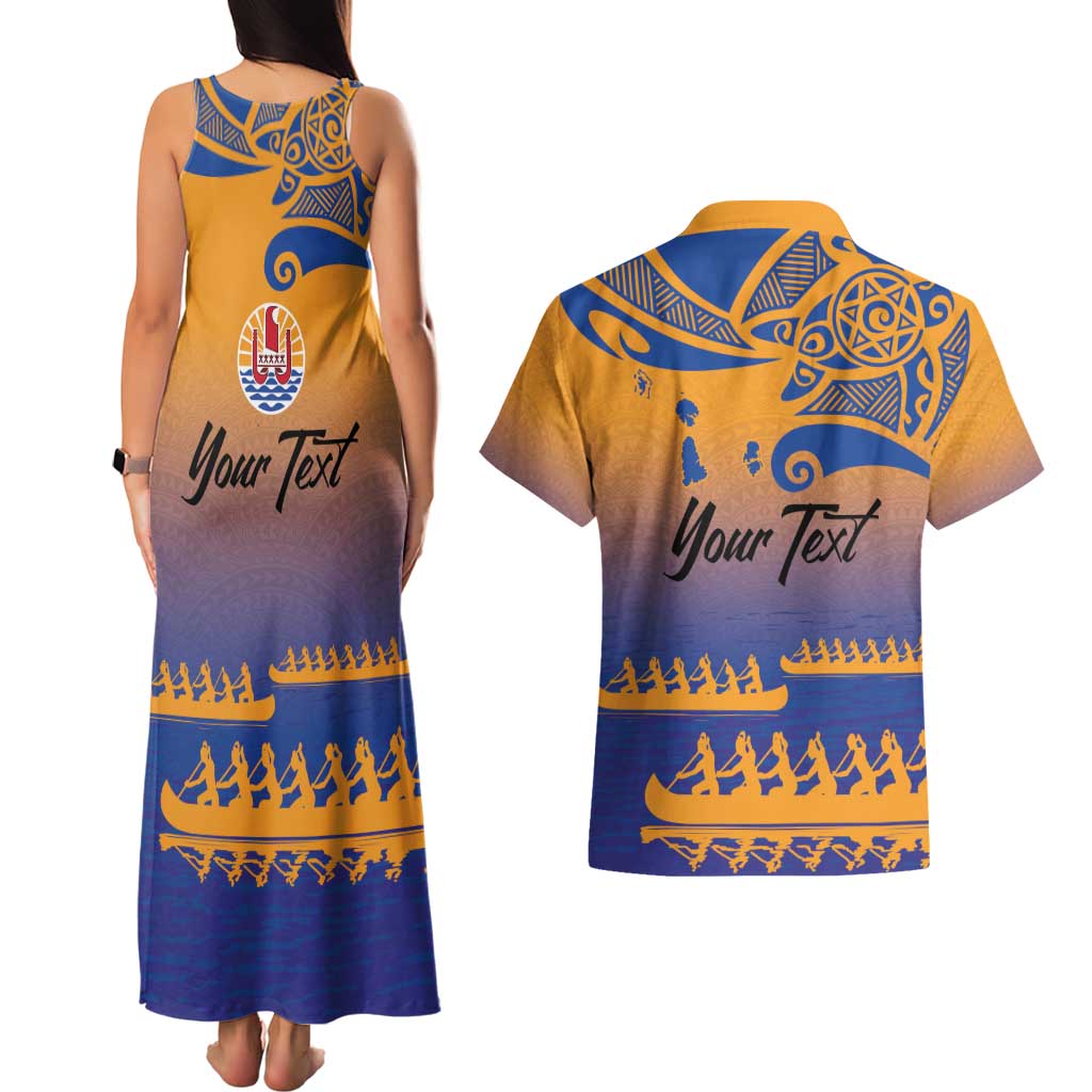 Personalised Hawaiki Nui Va'a French Polynesian Pattern Couples Matching Tank Maxi Dress and Hawaiian Shirt Sunset Color LT03 - Polynesian Pride