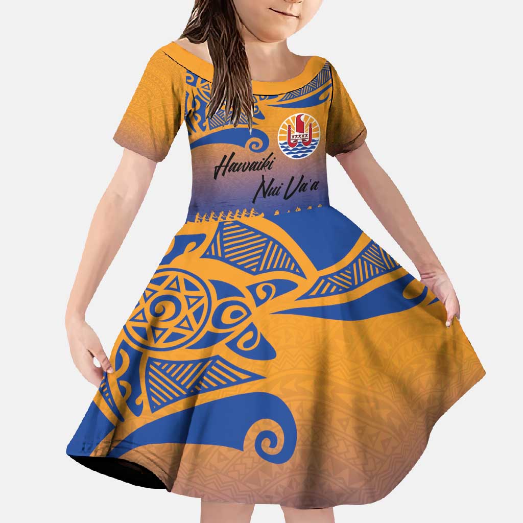 Personalised Hawaiki Nui Va'a French Polynesian Pattern Family Matching Mermaid Dress and Hawaiian Shirt Sunset Color LT03 Daughter's Dress Yellow - Polynesian Pride