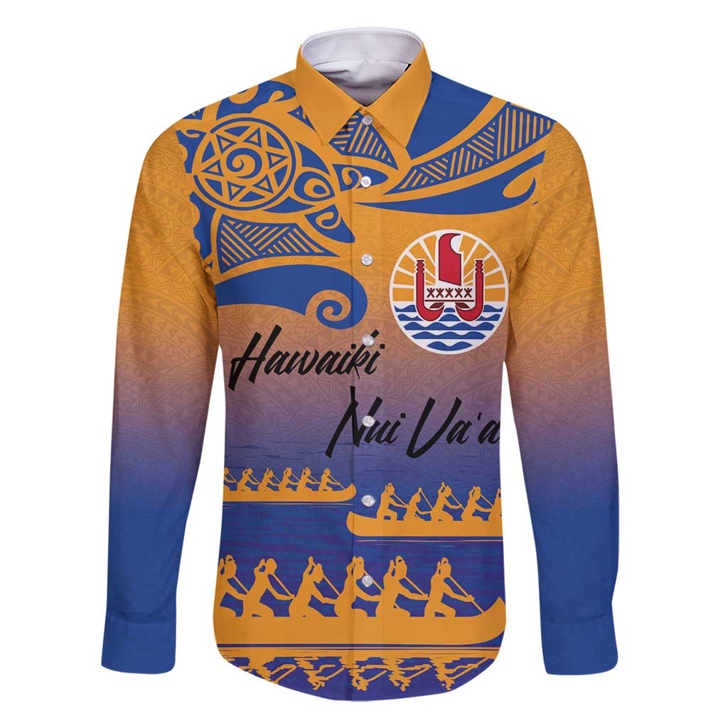 Personalised Hawaiki Nui Va'a French Polynesian Pattern Family Matching Mermaid Dress and Hawaiian Shirt Sunset Color LT03 Dad's Shirt - Long Sleeve Yellow - Polynesian Pride