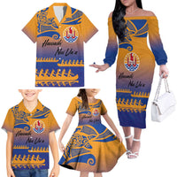 Personalised Hawaiki Nui Va'a French Polynesian Pattern Family Matching Off The Shoulder Long Sleeve Dress and Hawaiian Shirt Sunset Color LT03 - Polynesian Pride