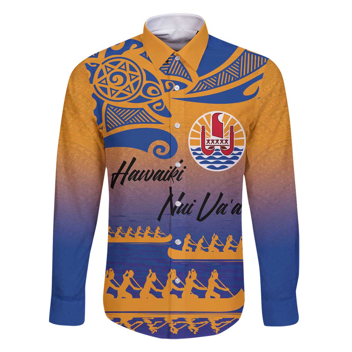 Personalised Hawaiki Nui Va'a French Polynesian Pattern Family Matching Off The Shoulder Long Sleeve Dress and Hawaiian Shirt Sunset Color LT03 Dad's Shirt - Long Sleeve Yellow - Polynesian Pride
