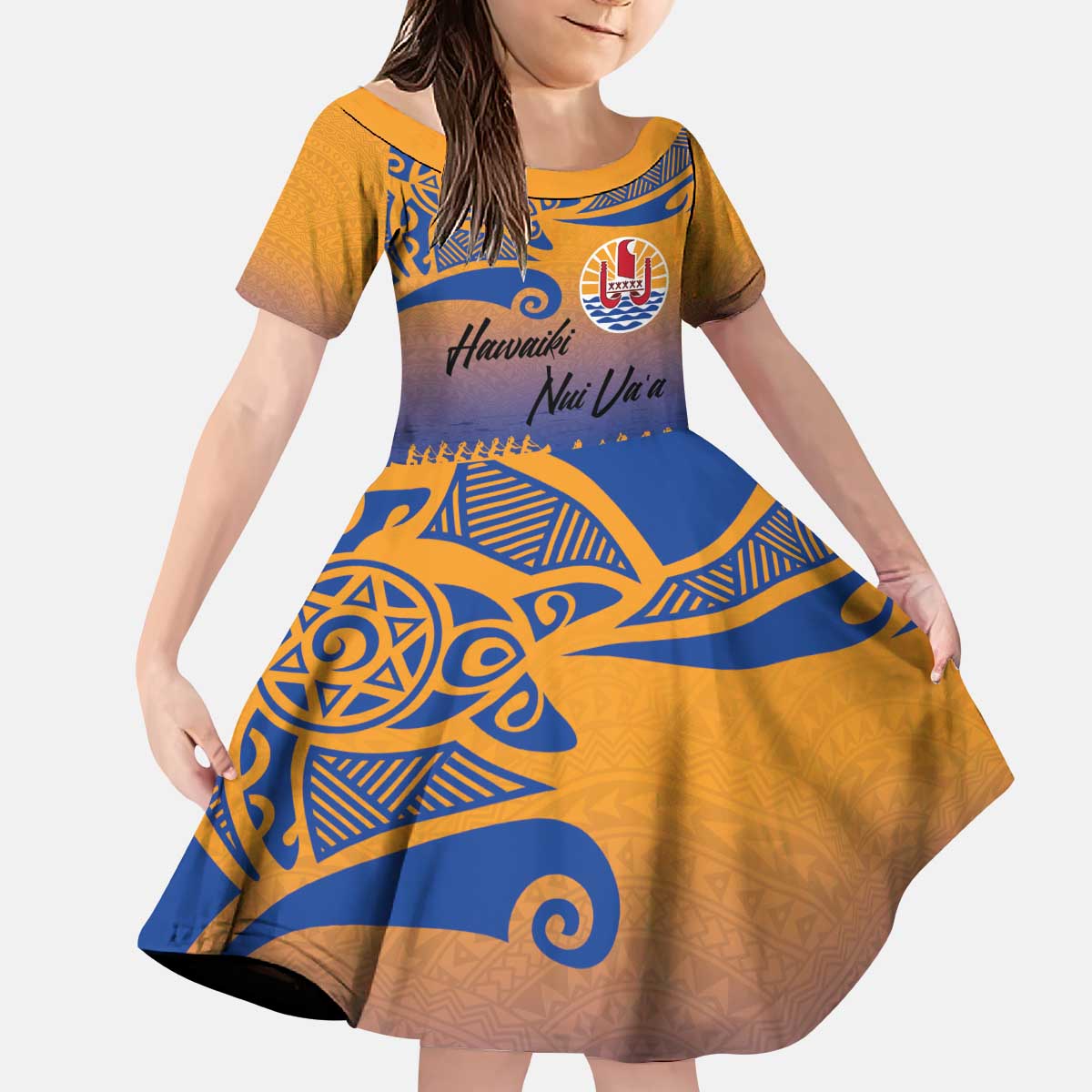 Personalised Hawaiki Nui Va'a French Polynesian Pattern Family Matching Puletasi and Hawaiian Shirt Sunset Color LT03 Daughter's Dress Yellow - Polynesian Pride