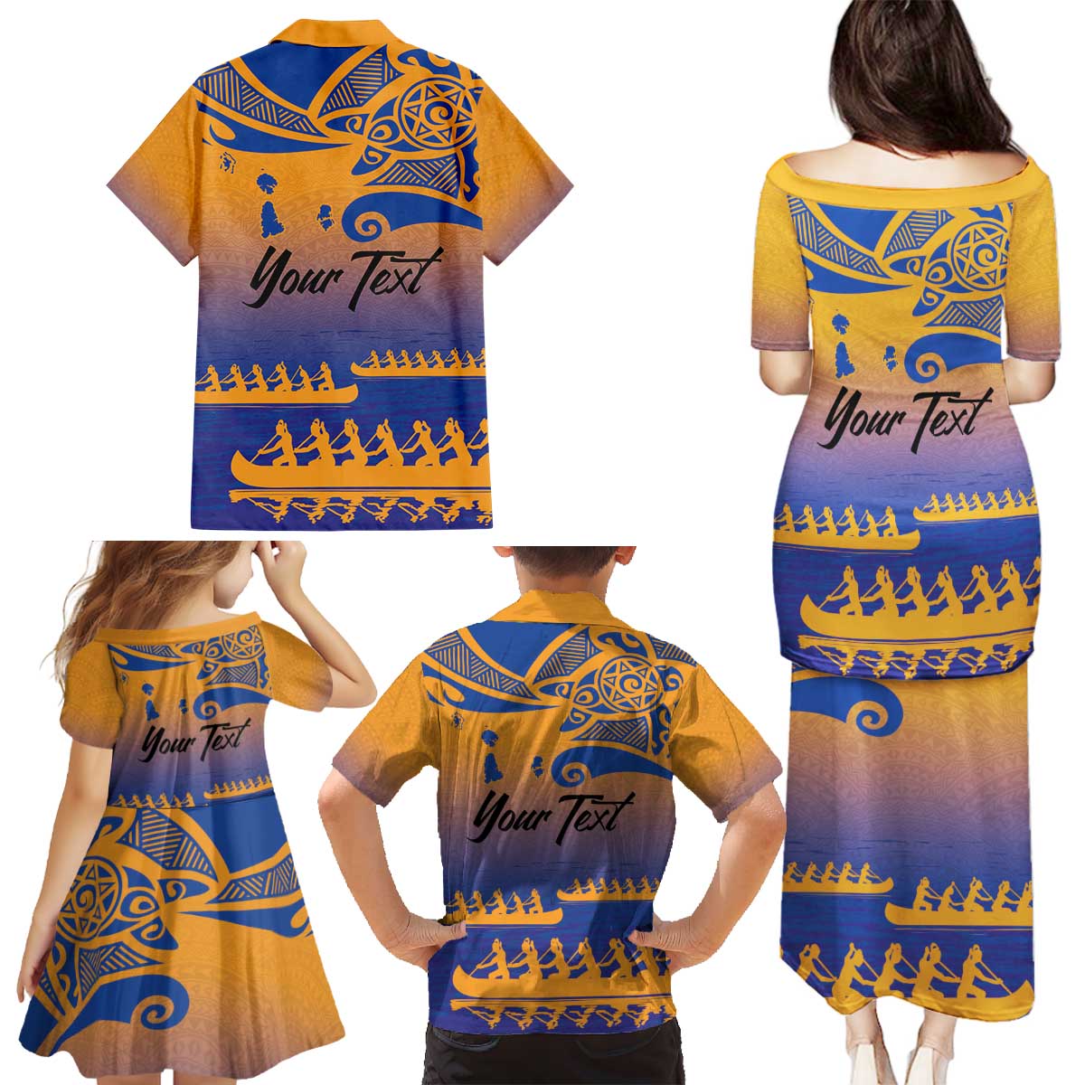 Personalised Hawaiki Nui Va'a French Polynesian Pattern Family Matching Puletasi and Hawaiian Shirt Sunset Color LT03 - Polynesian Pride