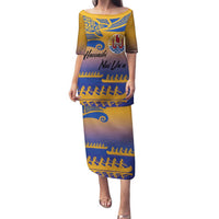 Personalised Hawaiki Nui Va'a French Polynesian Pattern Family Matching Puletasi and Hawaiian Shirt Sunset Color LT03 Mom's Dress Yellow - Polynesian Pride
