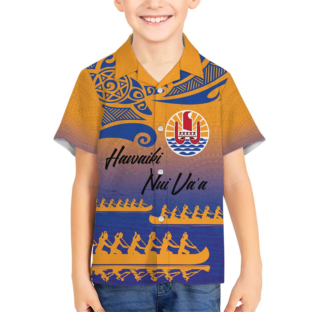 Personalised Hawaiki Nui Va'a French Polynesian Pattern Kid Hawaiian Shirt Sunset Color LT03 Kid Yellow - Polynesian Pride