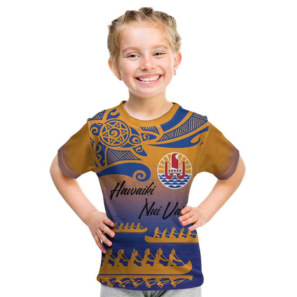 Personalised Hawaiki Nui Va'a French Polynesian Pattern Kid T Shirt Sunset Color LT03 Yellow - Polynesian Pride