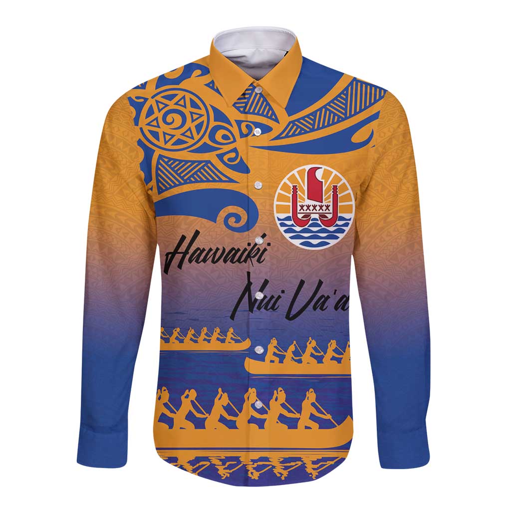 Personalised Hawaiki Nui Va'a French Polynesian Pattern Long Sleeve Button Shirt Sunset Color LT03 Unisex Yellow - Polynesian Pride