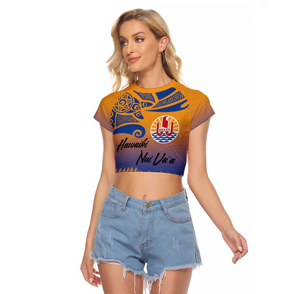 Personalised Hawaiki Nui Va'a French Polynesian Pattern Raglan Cropped T Shirt Sunset Color LT03 Female Yellow - Polynesian Pride