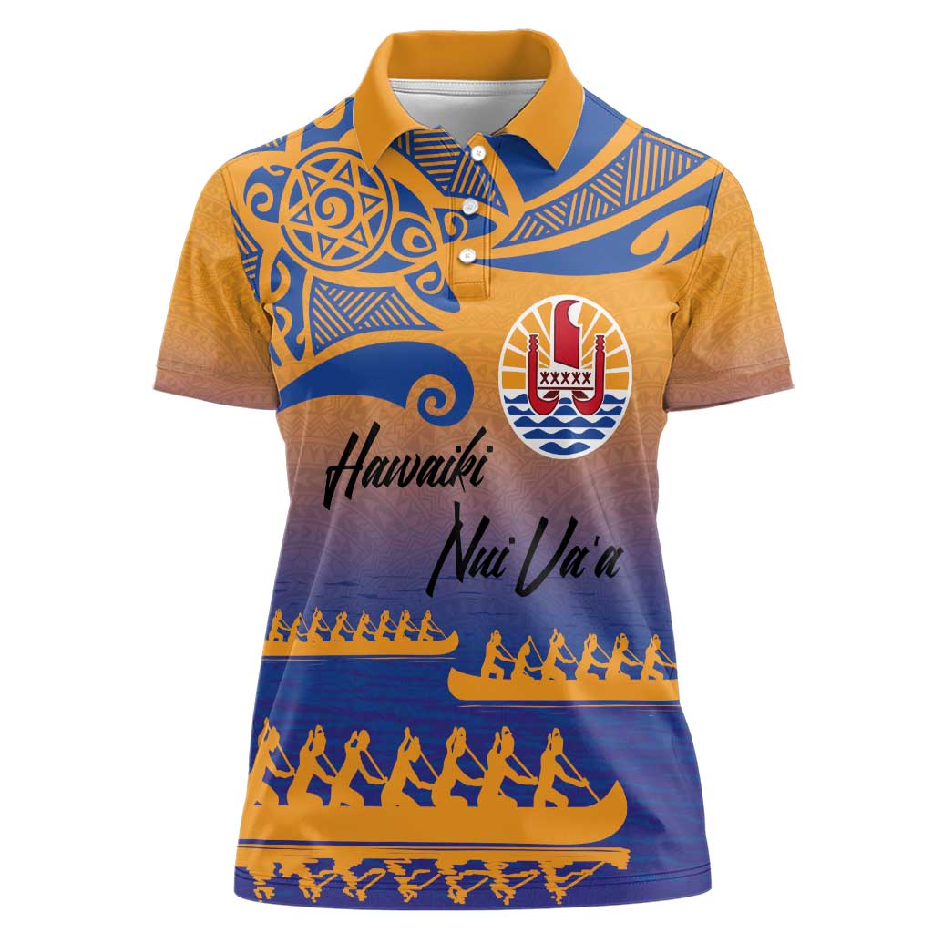 Personalised Hawaiki Nui Va'a French Polynesian Pattern Women Polo Shirt Sunset Color