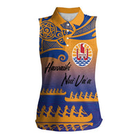 Personalised Hawaiki Nui Va'a French Polynesian Pattern Women Sleeveless Polo Shirt Sunset Color LT03 Female Yellow - Polynesian Pride