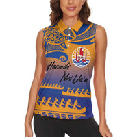 Personalised Hawaiki Nui Va'a French Polynesian Pattern Women Sleeveless Polo Shirt Sunset Color LT03 - Polynesian Pride