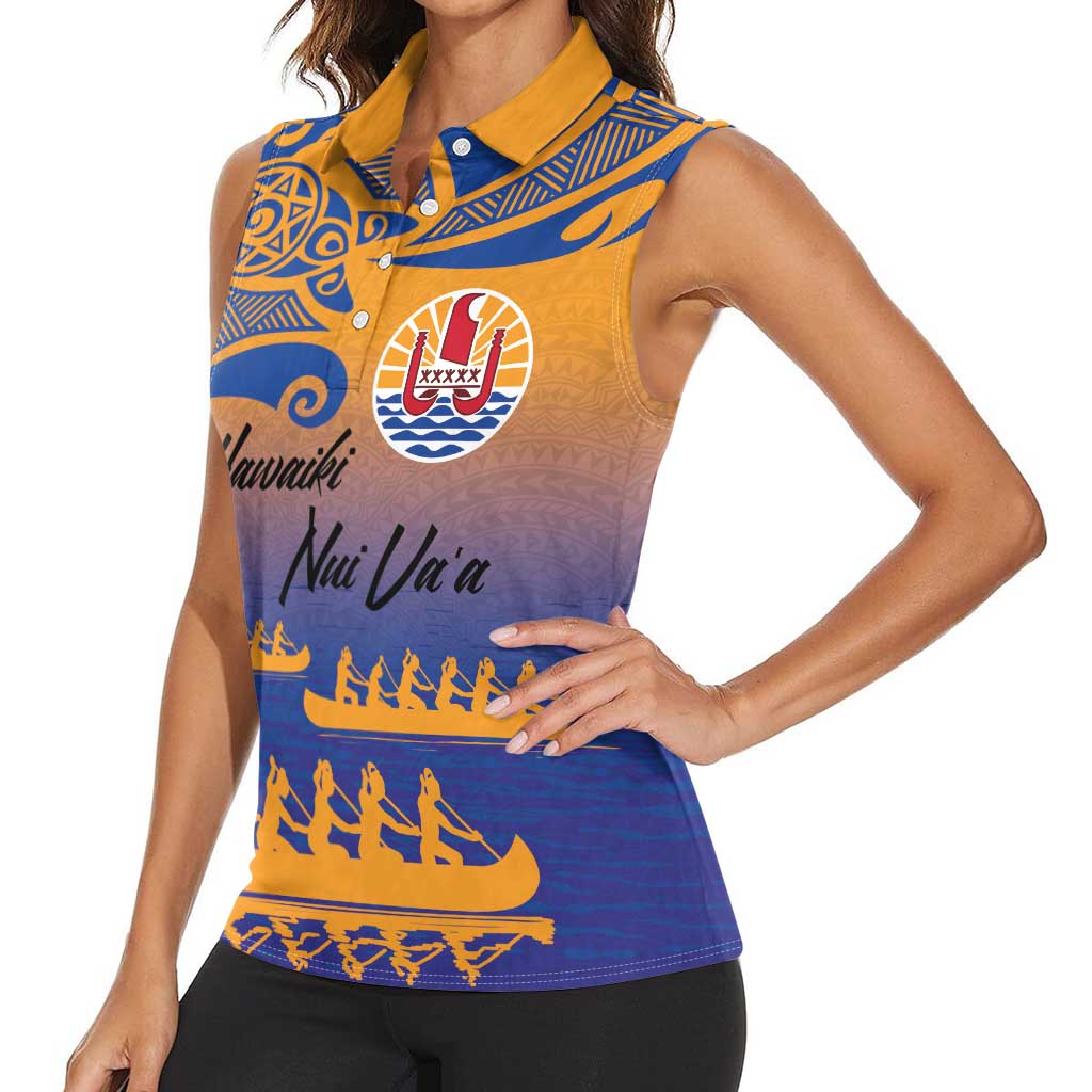 Personalised Hawaiki Nui Va'a French Polynesian Pattern Women Sleeveless Polo Shirt Sunset Color LT03 - Polynesian Pride