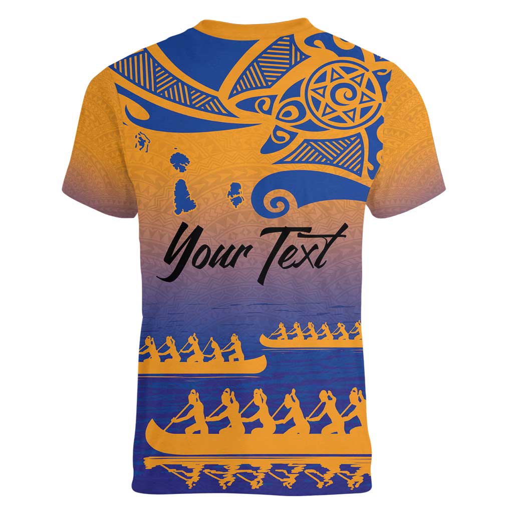 Personalised Hawaiki Nui Va'a French Polynesian Pattern Women V-Neck T-Shirt Sunset Color LT03 - Polynesian Pride