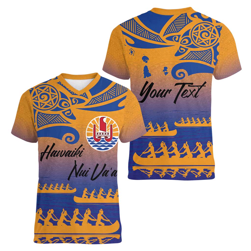Personalised Hawaiki Nui Va'a French Polynesian Pattern Women V-Neck T-Shirt Sunset Color LT03 - Polynesian Pride