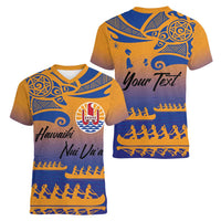Personalised Hawaiki Nui Va'a French Polynesian Pattern Women V-Neck T-Shirt Sunset Color LT03 - Polynesian Pride