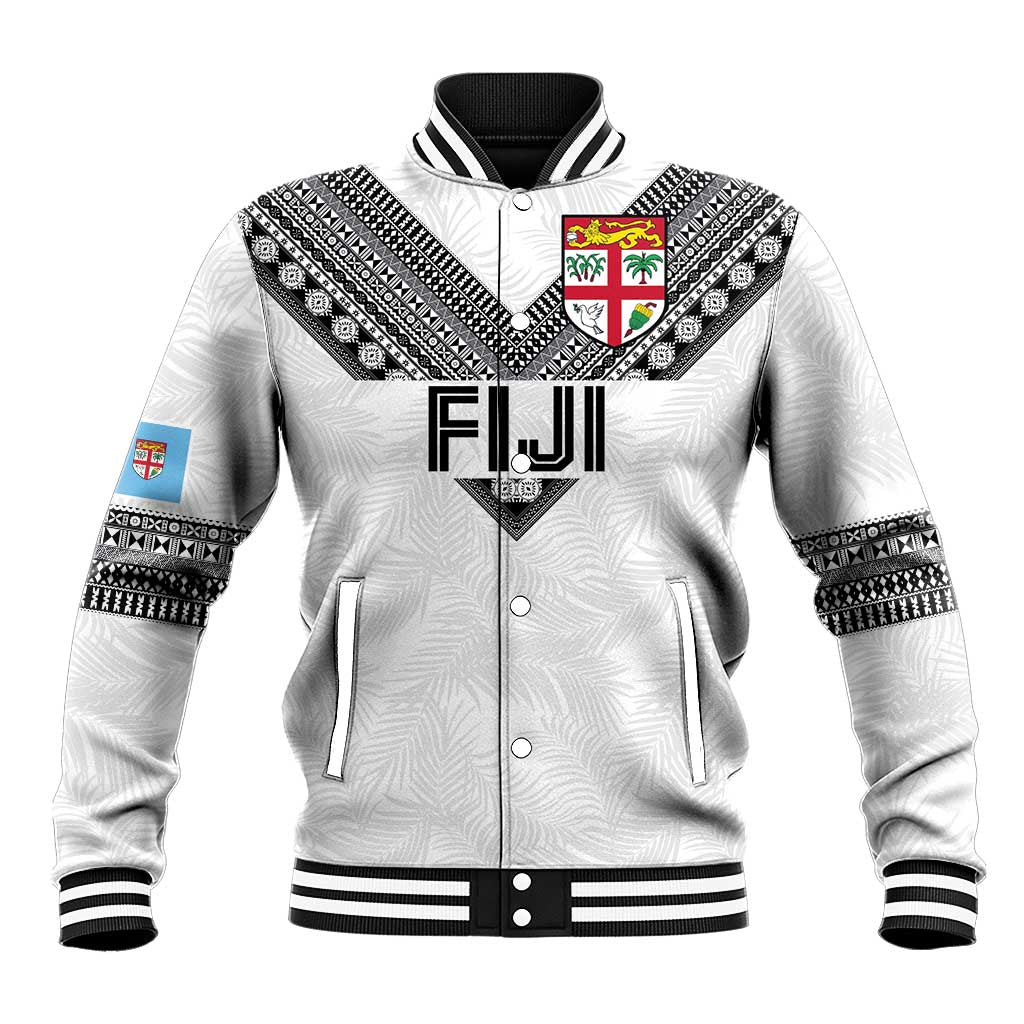 Custom Rugby Fiji Baseball Jacket Fijian Masi Tribal Sporty Style White Color - Polynesian Pride