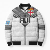 Custom Rugby Fiji Bomber Puffer Jacket Fijian Masi Tribal Sporty Style White Color - Polynesian Pride