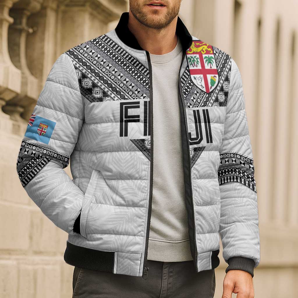 Custom Rugby Fiji Bomber Puffer Jacket Fijian Masi Tribal Sporty Style White Color - Polynesian Pride