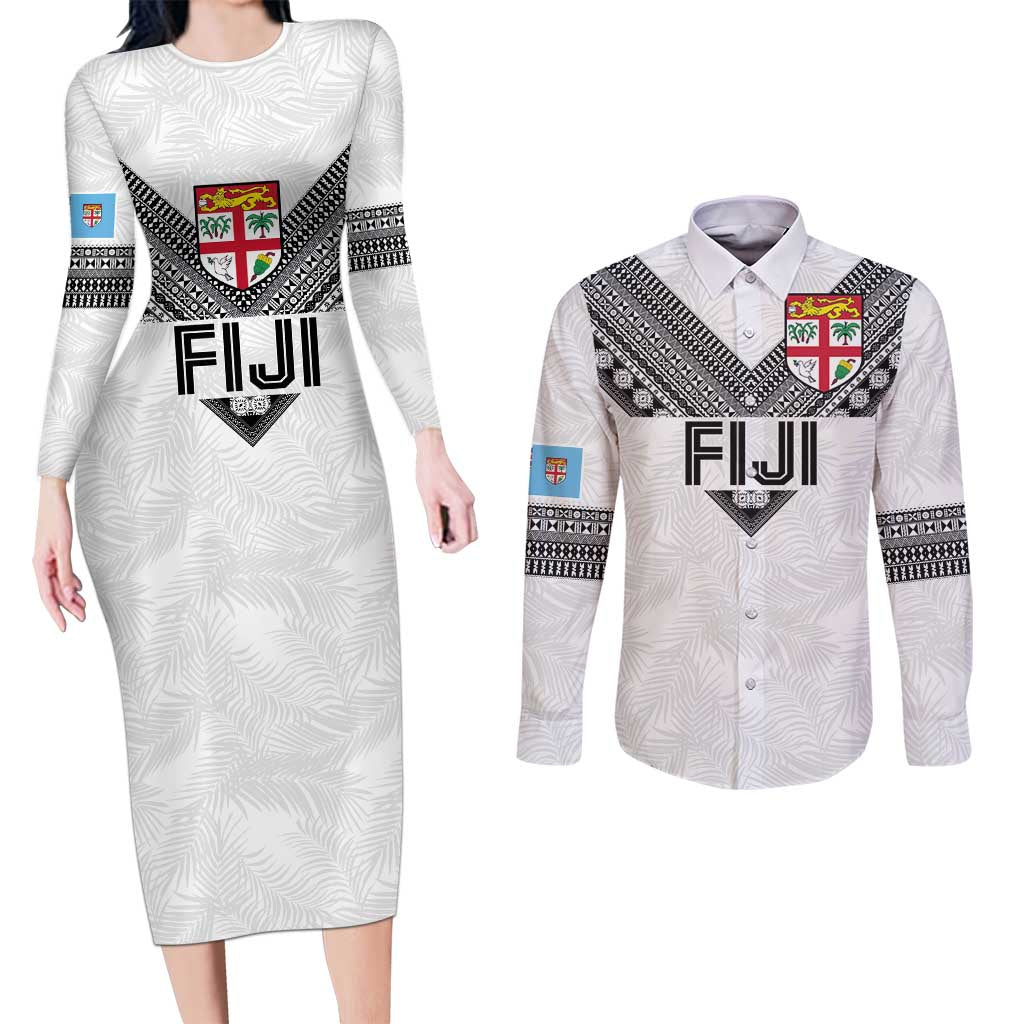 Custom Rugby Fiji Couples Matching Long Sleeve Bodycon Dress and Long Sleeve Button Shirt Fijian Masi Tribal Sporty Style White Color - Polynesian Pride