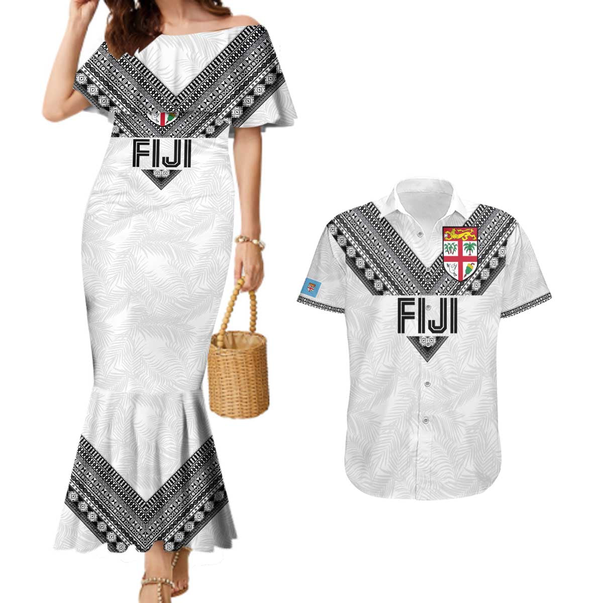 Custom Rugby Fiji Couples Matching Mermaid Dress and Hawaiian Shirt Fijian Masi Tribal Sporty Style White Color - Polynesian Pride