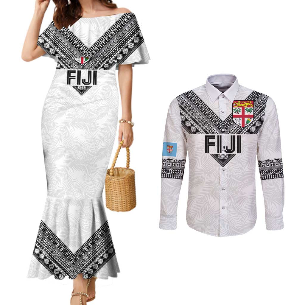 Custom Rugby Fiji Couples Matching Mermaid Dress and Long Sleeve Button Shirt Fijian Masi Tribal Sporty Style White Color - Polynesian Pride