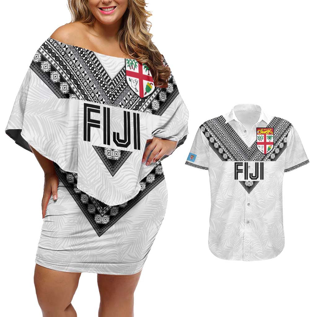 Custom Rugby Fiji Couples Matching Off Shoulder Short Dress and Hawaiian Shirt Fijian Masi Tribal Sporty Style White Color - Polynesian Pride