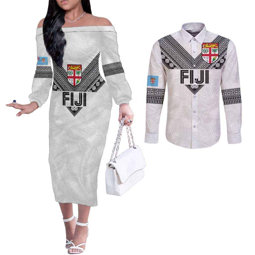 Custom Rugby Fiji Couples Matching Off The Shoulder Long Sleeve Dress and Long Sleeve Button Shirt Fijian Masi Tribal Sporty Style White Color - Polynesian Pride
