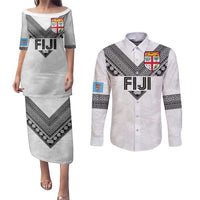 Custom Rugby Fiji Couples Matching Puletasi and Long Sleeve Button Shirt Fijian Masi Tribal Sporty Style White Color - Polynesian Pride