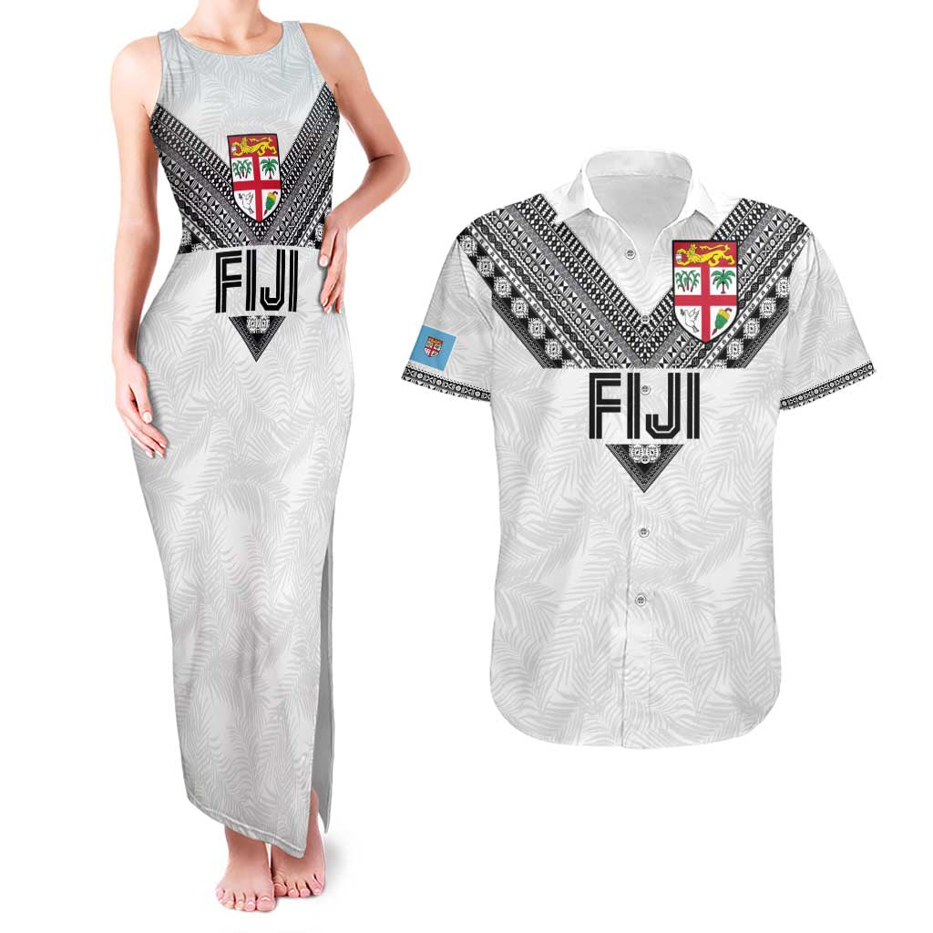 Custom Rugby Fiji Couples Matching Tank Maxi Dress and Hawaiian Shirt Fijian Masi Tribal Sporty Style White Color - Polynesian Pride