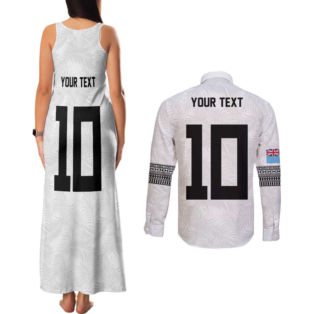 Custom Rugby Fiji Couples Matching Tank Maxi Dress and Long Sleeve Button Shirt Fijian Masi Tribal Sporty Style White Color - Polynesian Pride