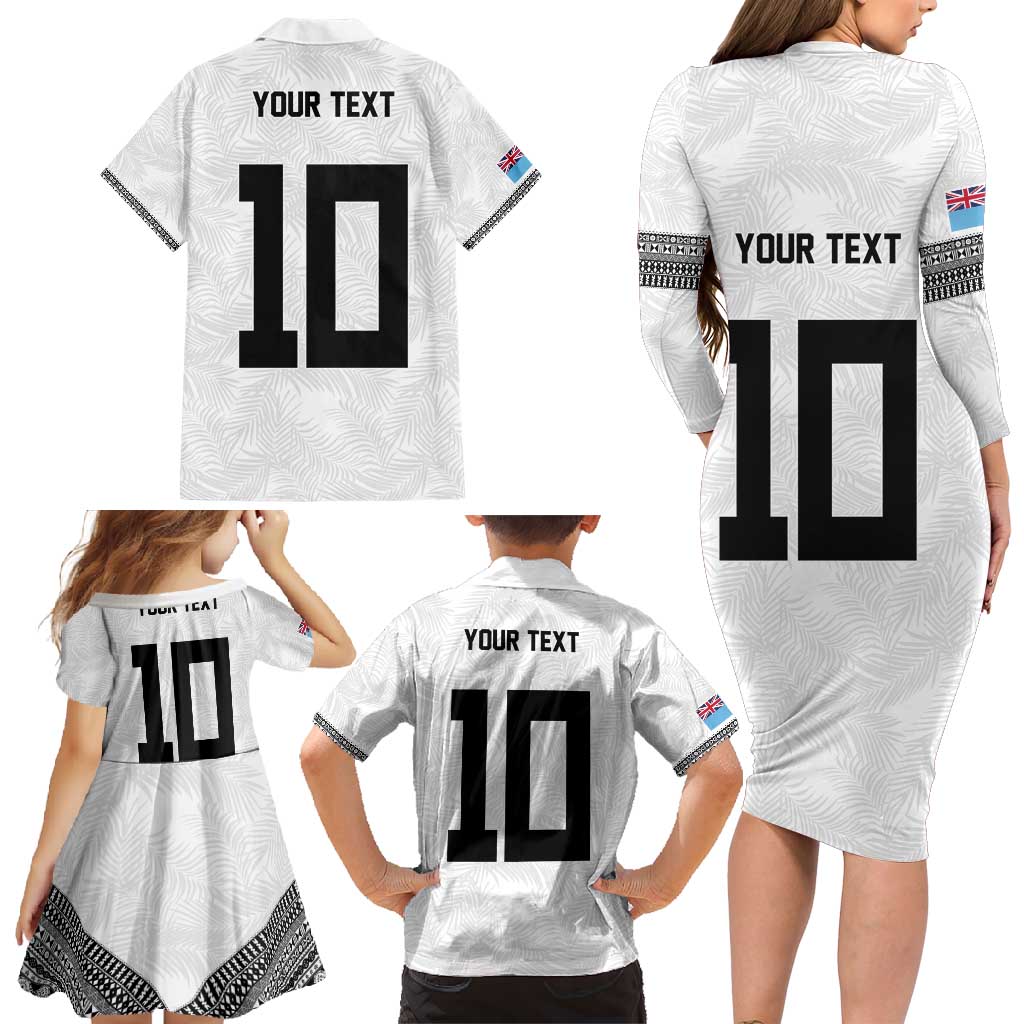 Custom Rugby Fiji Family Matching Long Sleeve Bodycon Dress and Hawaiian Shirt Fijian Masi Tribal Sporty Style White Color - Polynesian Pride