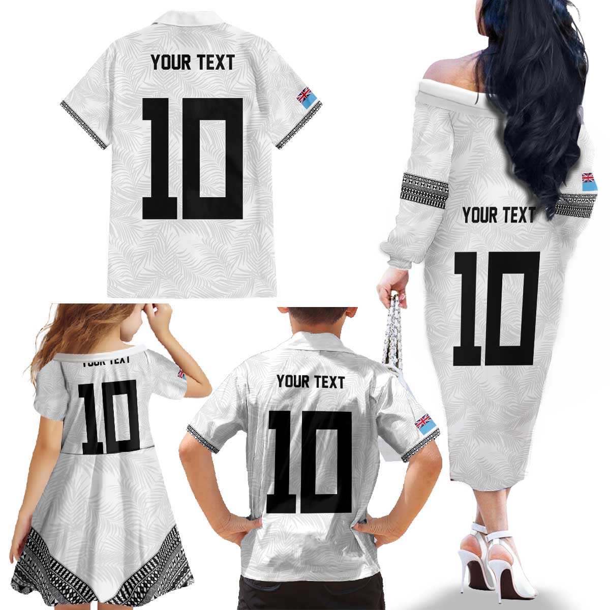 Custom Rugby Fiji Family Matching Off The Shoulder Long Sleeve Dress and Hawaiian Shirt Fijian Masi Tribal Sporty Style White Color - Polynesian Pride