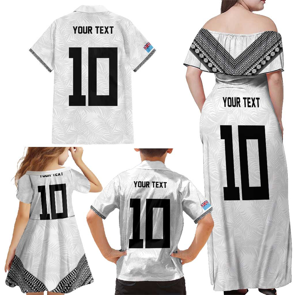 Custom Rugby Fiji Family Matching Off Shoulder Maxi Dress and Hawaiian Shirt Fijian Masi Tribal Sporty Style White Color - Polynesian Pride
