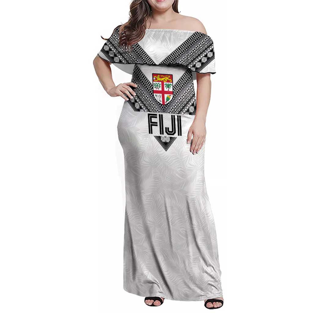 Custom Rugby Fiji Family Matching Off Shoulder Maxi Dress and Hawaiian Shirt Fijian Masi Tribal Sporty Style White Color - Polynesian Pride
