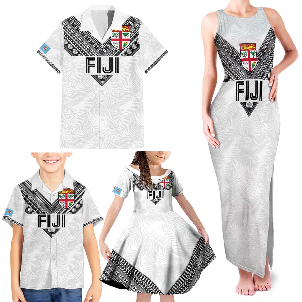 Custom Rugby Fiji Family Matching Tank Maxi Dress and Hawaiian Shirt Fijian Masi Tribal Sporty Style White Color - Polynesian Pride