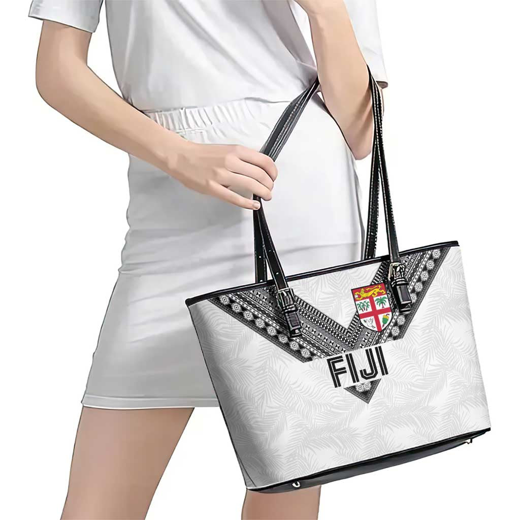 Rugby Fiji Leather Tote Bag Fijian Masi Tribal Sporty Style White Color - Polynesian Pride