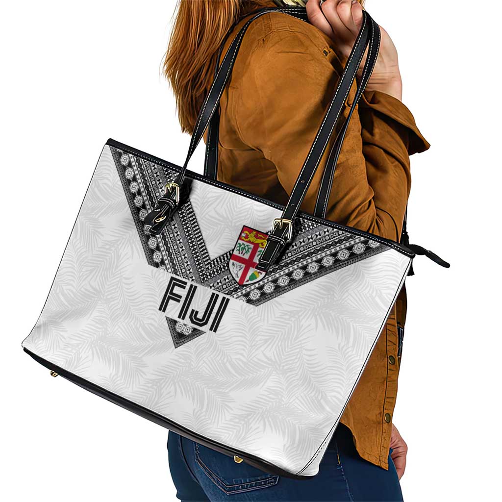 Rugby Fiji Leather Tote Bag Fijian Masi Tribal Sporty Style White Color - Polynesian Pride