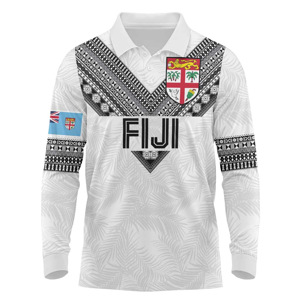Custom Rugby Fiji Long Sleeve Polo Shirt Fijian Masi Tribal Sporty Style White Color - Polynesian Pride